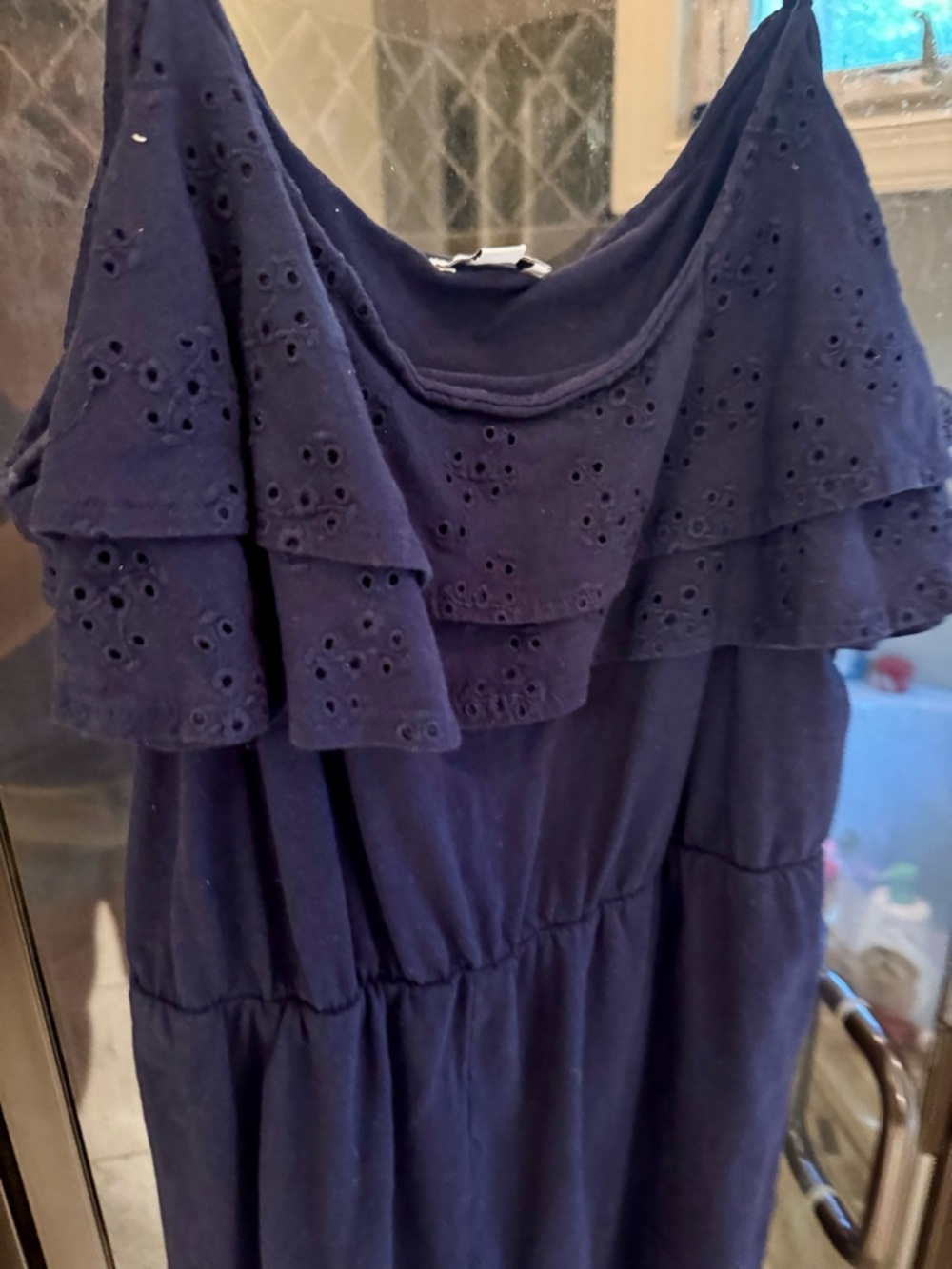 Navy Blue Ruffle Eyelet Romper - Picture 2 of 4
